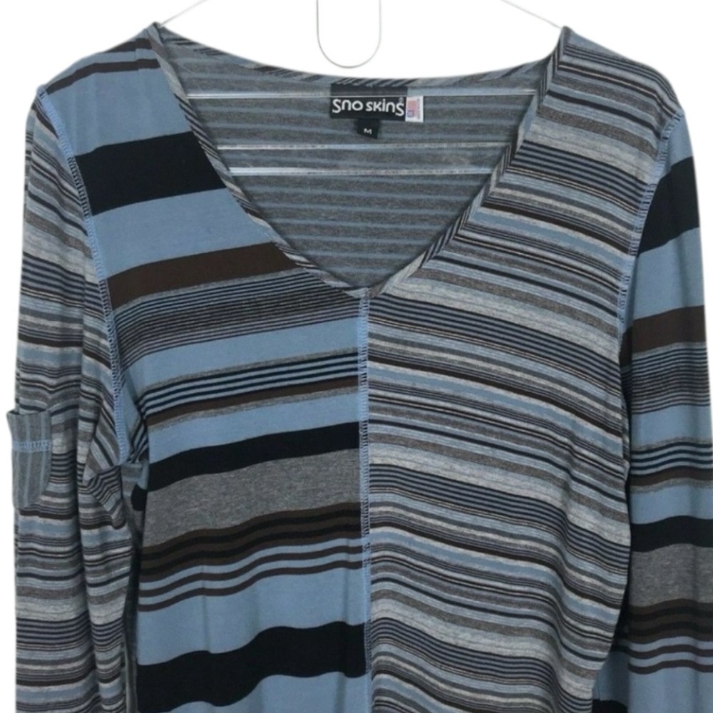 SNO SKINS Blue and Brown Ribbed Fitted Long Sleeve Blouse - Picture 3 of 9